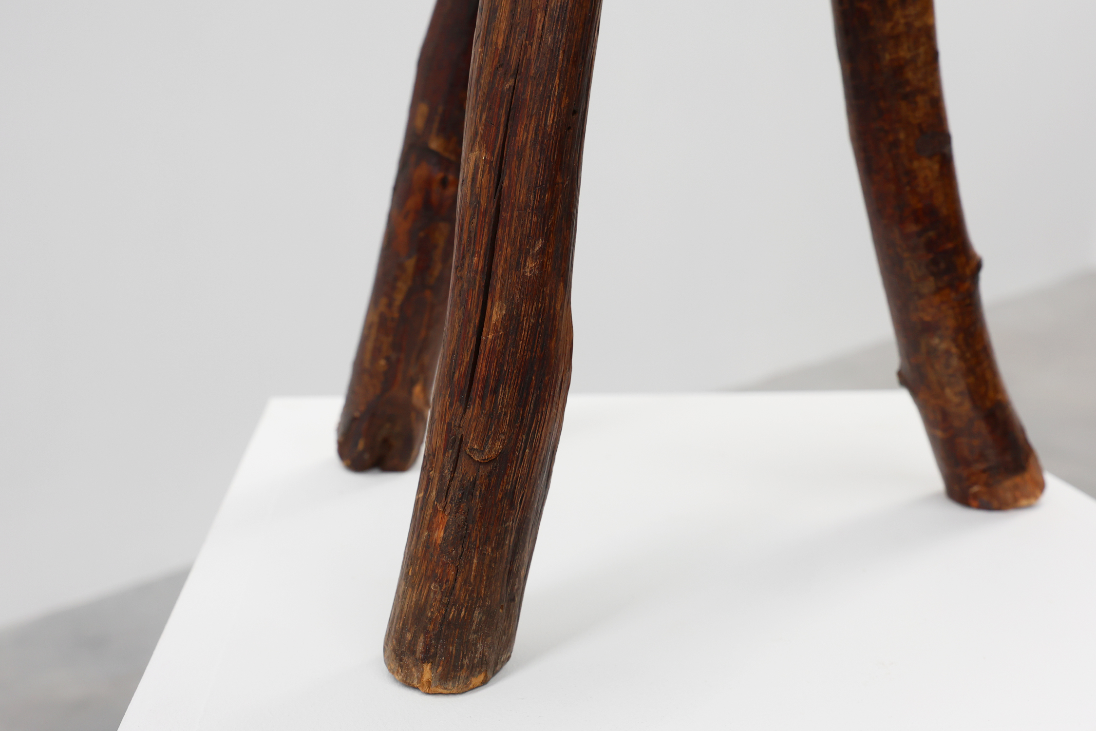 French wabi sabi style low tripod stool in solid wood, 1850sthumbnail